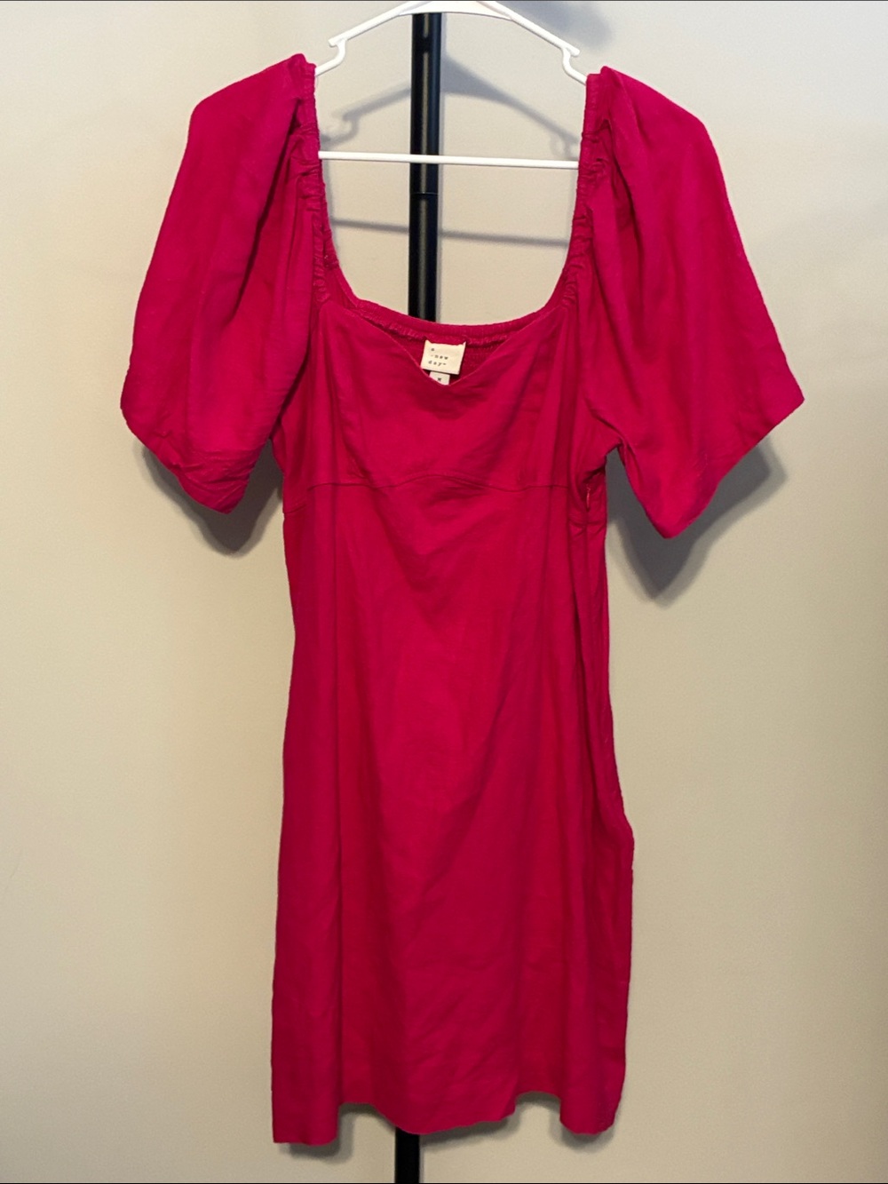 A New Day Puff Sleeve Linen Blend Dress Dark Pink Smocked Back Medium - Picture 3 of 7